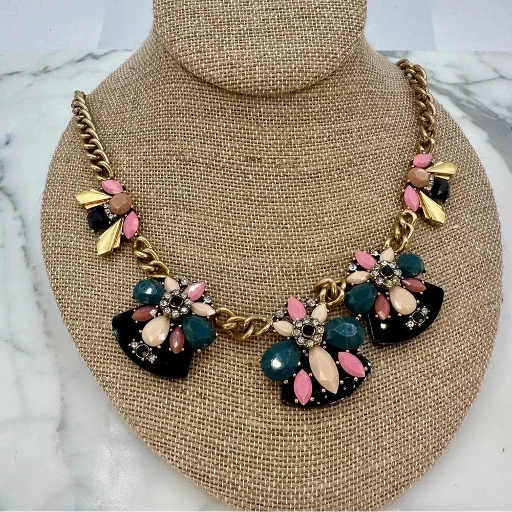J. CREW Signed Necklace Pink, Deep Green Lucite Crystal Hopes & Dreams Statement